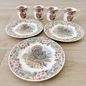 3 Myott Queen's Thanksgiving Transferware Turkey Dinner Plates 10" Mugs Johnson